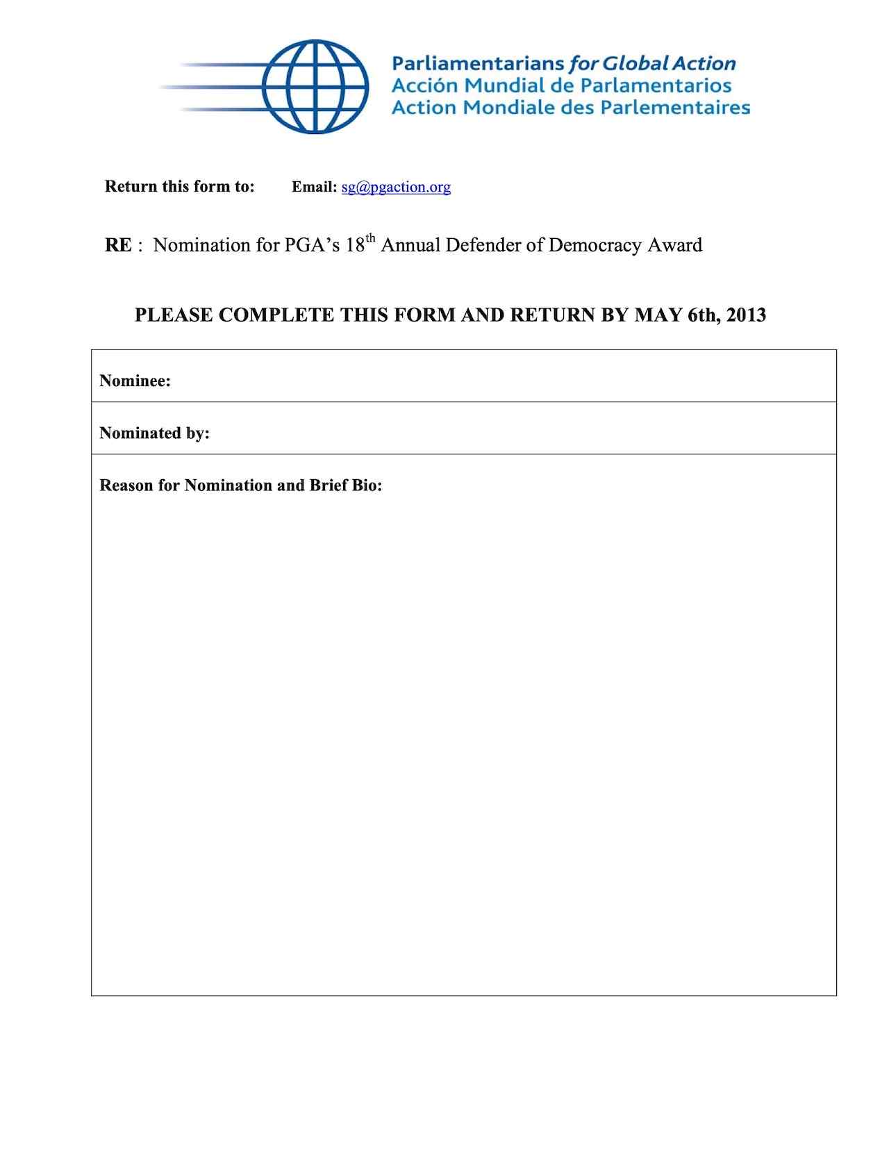 Nomination for PGA’s 18th Annual Defender of Democracy Award