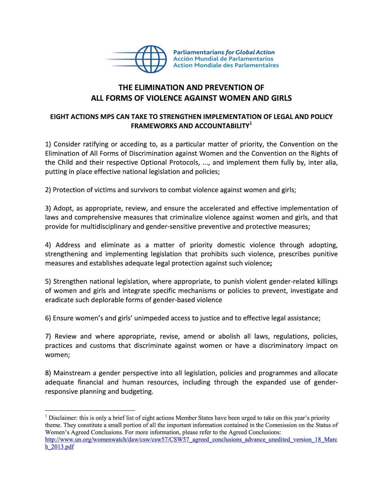 Eight Actions MPs Can Take to Eliminate and Prevent All Forms of Violence Against Women and Girls