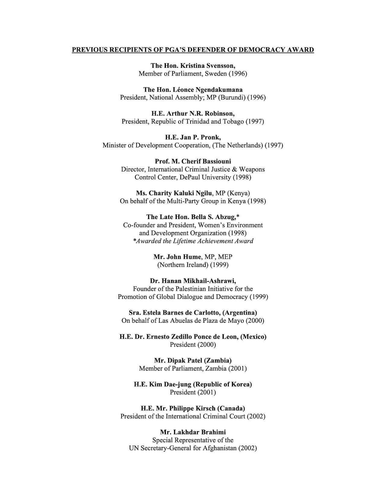 Previous Recipients of PGA's Defender of Democracy Award