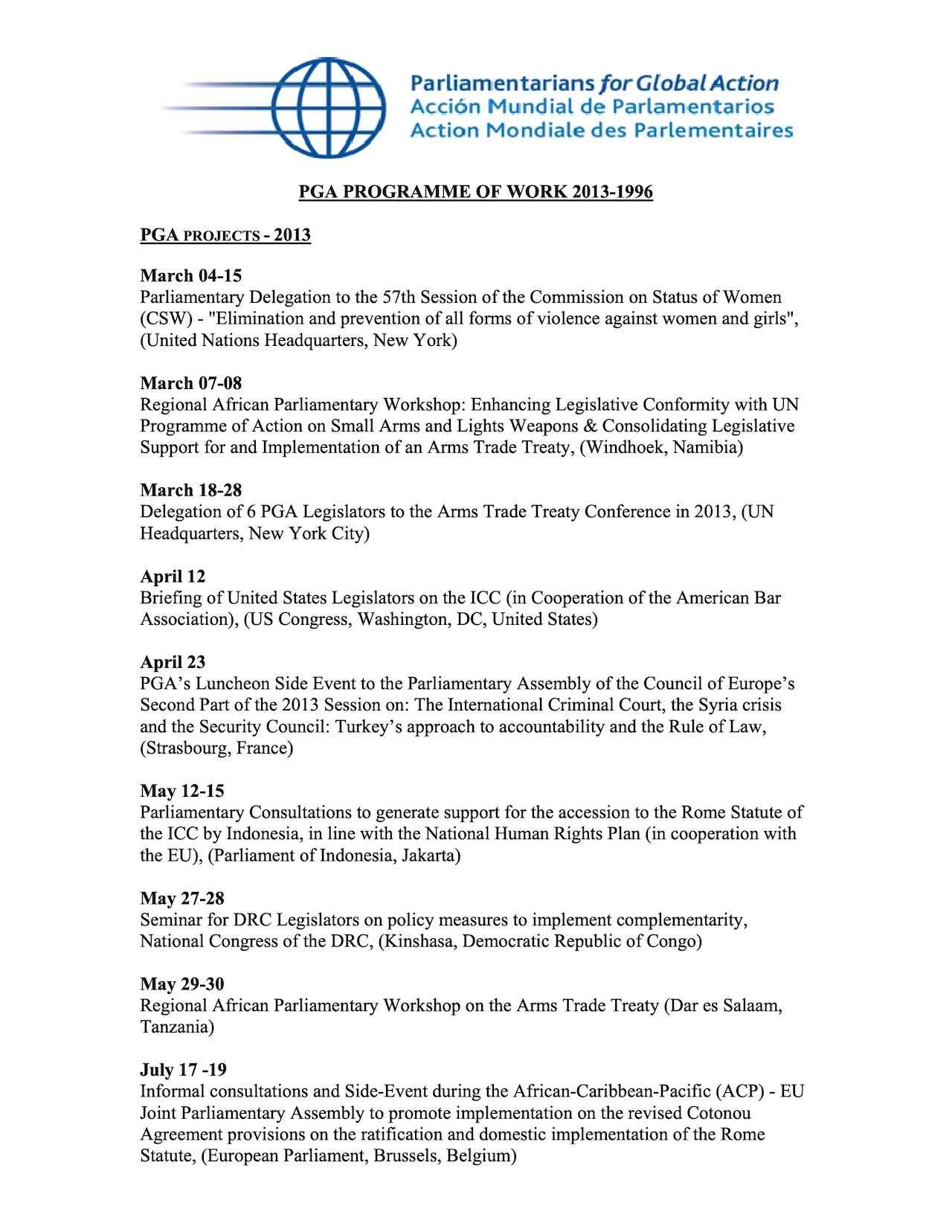 PGA Programme of Work 2013-1996